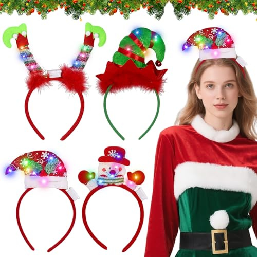 Mecctuck 4 Stück Weihnachts Kopfschmuck, Haarreif mit LEDs, Weihnachten Stirnbänder, Weihnachtsmütze Kopfbedeckung Rentier Geweih Leuchtende Haarreif Rot Grün für Weihnachten Festivals Party