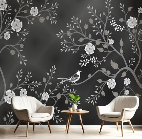 Carta da Parati Uccelli, Fiori E Rami 200x140cm - Fotomurali in Seta Stile Cinese In Bianco E Nero Decorazione da Muro XXL Poster Gigante per Per Soggiorno Tv Sfondo Muro Decorazioni, Grigio Scuro