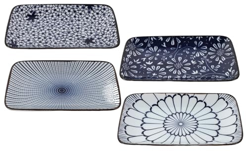 SEWACC Set de 4 Assiettes à Sushis Rectangulaires en Céramique Bleue, Design Japonerie Traditionnel, Surface Lisse et Gain de Place pour Dîners et Soirées Cuisine