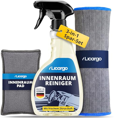 LICARGO Auto Innenraum Reiniger Set – Innenraumreiniger (500ml) + Innenraum-Pad + 380GSM Mikrofasertuch – für Kunststoff, Leder, Alcantara, Polster & Armaturen – Cockpitpflege Autopflege