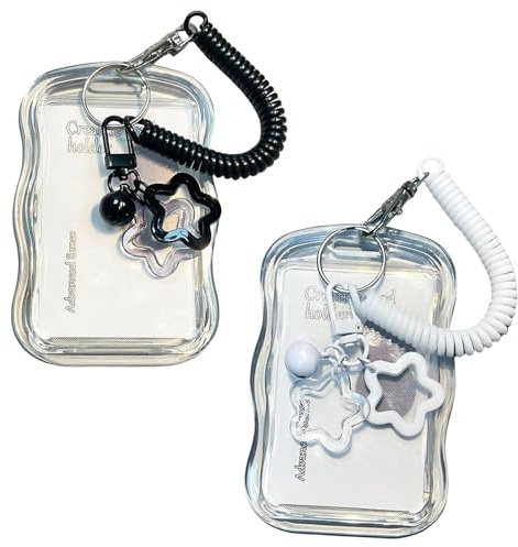 2 llaveros para tarjetas de fotos, soporte para tarjetas de identificación de Star Bells, funda para tarjeta de identificación con cuerda de primavera, onda de estrella, bonito soporte para tarjetas