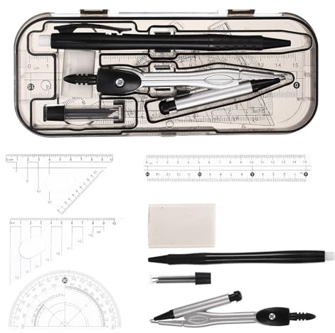 JECOMPRIS Kit Compasso da Disegno Professionale per Studenti, Set di Strumenti di Misurazione Geometrica in Metallo, Goniometro Multifunzionale Leggero e Portatile per Scuola e Ufficio