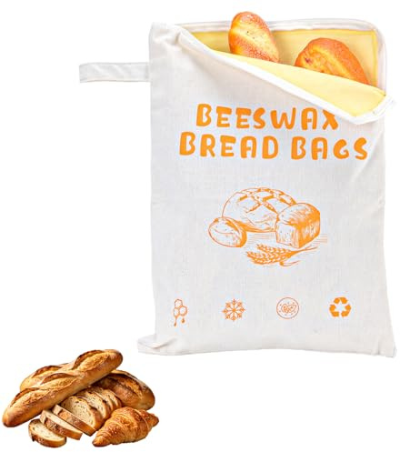 Large Capacity Beeswax Bread Bags, Reusable Linen Sourdough Storage Bags, Zipper Closure Bread Bags, Eco-Friendly Freezer Safe Bread Keeper for Homemade Bread, Baking Gifts (1 Pack with Zipper)