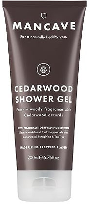 ManCave Duschgel Männer Zedernholz 200ml - Frisches, Holziges Aroma - Natürliches Duschgel Herren, Ohne Sulfate und Parabene, Vegan, Recycling-Kunststoff-Tube