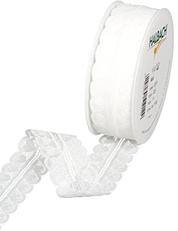 Halbach Spitzenband, 25 mm x 15 m, natur weiß | Waschbare und wetterfeste Spitzenborte als Meterware auf der Rolle, zum Nähen, Basteln oder für Hochzeits-/ Tischdekoration