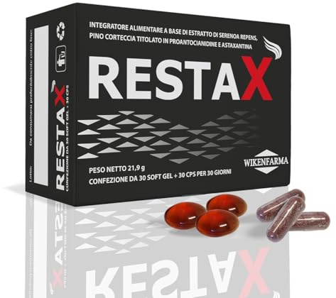 Restax 30+30 per alopecia androgenetica maschile. Antiandrogeno, ferma caduta di capelli e stimola ricrescita, softgel in olio di serenoa repens con massima purezza e dosaggio, formulazione bifasica
