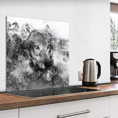 murando Glass Splashback for Kitchen Backsplash Cooker Protector | Tempered Glass Decorative Wall Art Panel Heat Resistant Graphic 60x60 cm / 24x24 Animal Wolf Black Grey