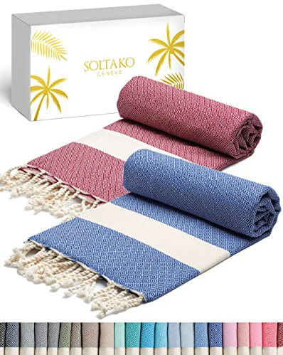 SOLTAKO Fouta Diamant Premium, 2er Set, Königblau/Bordeaux, 100/200cm