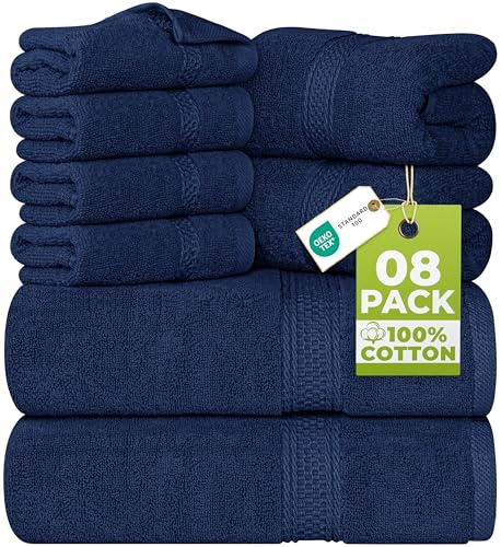Utopia Towels 8 Piece Luxury Towel Set – Majestic Plush, Super Absorbent & Quicker-to-Dry, Thick 100% Ring Spun Cotton Towels for Bathroom, Spa & Hotel – 2 Bath, 2 Hand, 4 Washcloths, Navy Blue