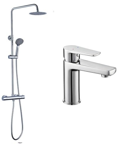 kibath Conjunto Columna de ducha termostática más Grifo de lavabo FUS.Tubo regulable en Altura de 85x115 mm, Cromo Brillo. Fabricada en latón y acero inoxidable.