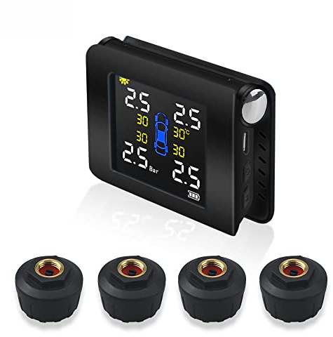 Riloer Auto-Reifendrucküberwachungssystem, drahtlose TPMS-Verbindung, mit 4 externen Sensoren, großem LCD-Bildschirm, solarbetrieben und USB-Anschluss