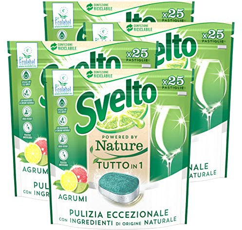 4x Svelto Powered By Nature Tutto in 1 Pastiglie per Lavastoviglie Pulizia Eccezionale Profumo Agrumi con Ingredienti di Origine Naturale - 4 Confezioni da 25 Pastiglie