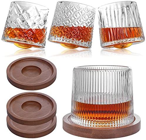 GPYG Juego de 4 vasos de whisky prémium de 10 onzas con posavasos de madera, vasos de whisky giratorios para whisky, bourbon, licor, vodka, cóctel, ron