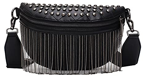 MEGAUK Kleine Niet Taillenbeutel Kette Fransen Hüfttasche Punk Bauchtasche mit Quaste Verstellbaren Abnehmbaren Riemen aus PU Kunstleder für Damen 05942 Schwarz