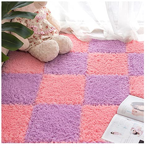 16Pcs Interlocking Foam Carpet,Shaggy Soft Foam Play Mat,Fluffy Area Rugs,Square Plush Puzzle Floor Tiles,Crawling Mats for Living Room Bedroom,12X12inch,Pink+Purple