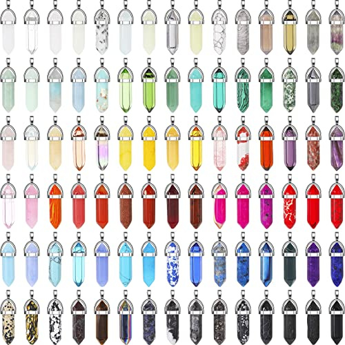 Sherr 90 Pcs Crystal Pendants Hexagonal Chakra Healing Stone Bullet Shaped Gemstone Pointed Natural Quartz Charm Pendants with Storage Bag for DIY Necklace Earring Jewelry Making