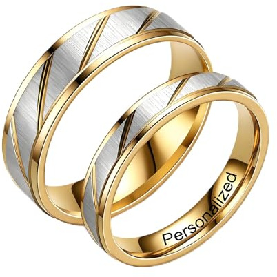 Ihanskio Anillo personalizado para pareja anillos de patrón de rayas de doble Color en el interior puede grabar de Compromiso de boda de promesa (Stripe-6MM/4MM, 1 PAIR)