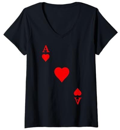 Damen Spielkarte Herz Ass Poker Kartenspiel Karneval Kostüm T-Shirt mit V-Ausschnitt