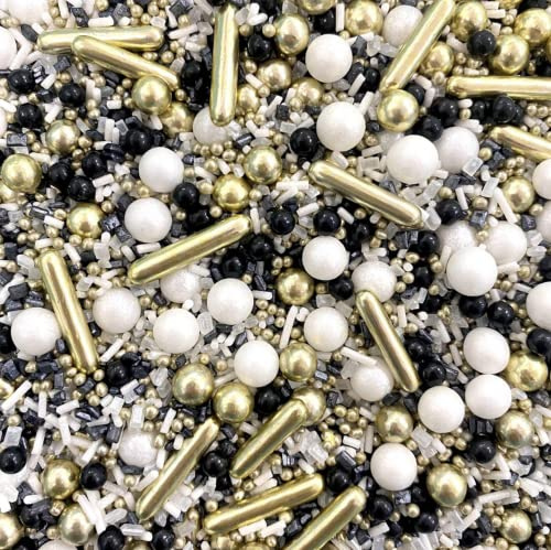 Black gold white sprinkles blend metallic 20's 30's theme graduation cupcake cookies cake edible toppers pearls balls 100s 1000s art deco decoration graduate monochrome MEET ME AT MIDNIGHT