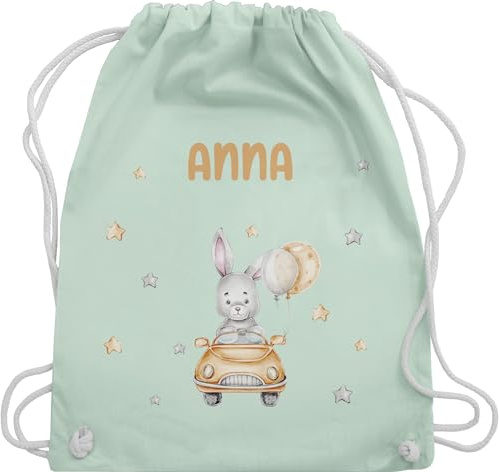 Turnbeutel Rucksack - Tiere - Hasenmotiv Baby Hase süß Bunny Rabbit Häschen Rennfahrer - Unisize - Pastell Grün - kindergarten kita baumwolle beutel personalisierte geschenke anna stoffbeutel