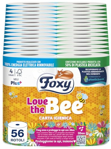 Foxy Love the Bee | Carta igienica 56 rotoli da 225 strappi | 2 veli elevato spessore | FSC |100% Energia elettrica rinnovabile| Confezione riciclabile prodotta con plastica riciclata, 1 item