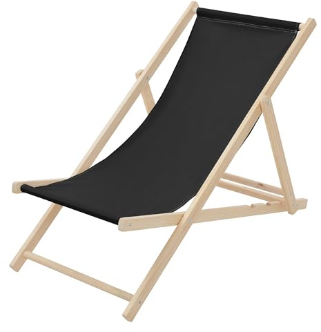 ECD Germany Liegestuhl klappbar, Schwarz, aus Holz, verstellbare Rückenlehne, 3 Liegepositionen, bis 120 kg, Sonnenliege Gartenliege Strandliege Strandstuhl Holzklappstuhl, für Garten, Balkon & Strand