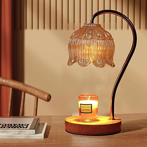 GEEZO Fragrance Candle Warmer Lamp with 2 Bulbs Electric Candle Warmer with Timer & Dimmer for Home Decor Wax Melt for Small Large Size Jar Candles Retro Wooden Base