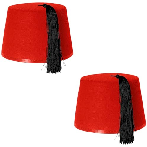 Fez Hut rot Kostümzubehör Kappe rot mit schwarzer Quaste, Unisex, Filzhut für Herren und Damen, 2 Stück