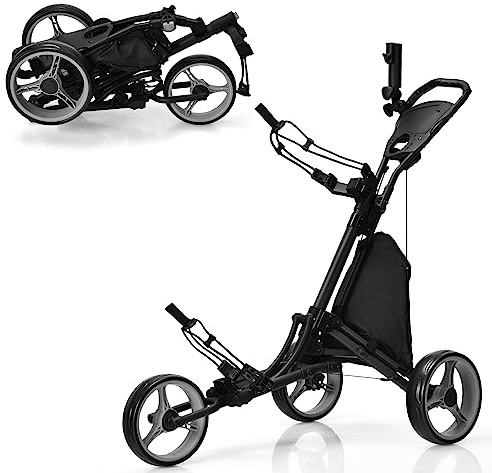 COSTWAY 3 Wheel Golf Push Pull Cart, Lightweight Foldable Golf Trolley with Adjustable Height Handle, Umbrella Stand, Cup Holder and Foot Brake (122 x 69 x 114cm, Gray, no Detachable Stool)