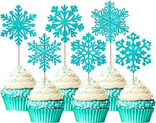 24 Stück Schneeflocke Tortendeko Glitzer Winter Schneeflocke Cupcake Toppers Gefrorene Winter Kuchen Deko für Schneeflocken Weihnachten Baby Shower Kinder Geburtstag Party Blau