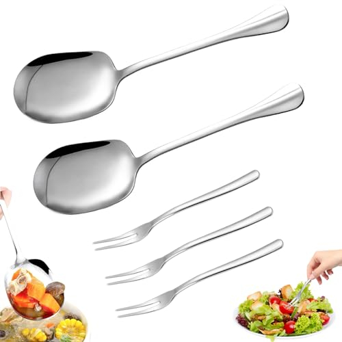 Getyjoe 5 Stück Servierlöffel aus Edelstahl Großer Löffel Servierlöffel mit Langen Griffen 2 Servierlöffel und 3 Vorlegegabel Vorlegelöffel Salatlöffel Gemüselöffel Buffet Esslöffel Vorlegebesteck