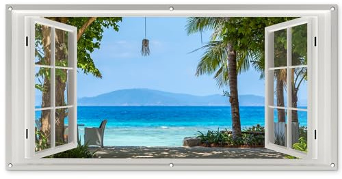 MuchoWow© Gartenposter Groß XXL Outdoor Bilder Gartendeko für draußen | 160x80 cm - Wetterfest Garten Sichtschutz Terrasse Deko Banner Bild Fensterblick - Baum - Meer - Palme - Hügel