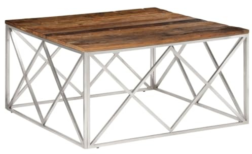Makastle Wohnzimmer Tisch für Couch, Center Tisch Couchtisch Kaffeetisch Sofatisch Wohnzimmertisch, Silbern Edelstahl und Massivholz