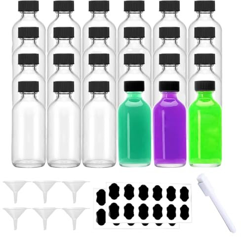 Eidoct 24 Pack Glass Shot Bottles with Lids 60ml Glass Ginger Shot Bottles with 24 Lids 6 Funnels 24 Labels 1 Pen, Reusable for Juice, Ginger, Whiskey, Essential