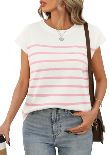 Niwicee Femme Tee Shirt élégant T-Shirt à Manches Courtes Femme Été Débardeur Col Rond Haut Rayé Chic Casual Hauts Tuniques De Base D'été Lâches Top (Rose, XXL)