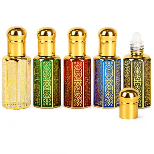 JasCherry 12ml 5 Stücke Roll on Glasflaschen für Ätherisches Öl, Nachfüllbare Parfümflaschen Vintage Glas, Vintage Nahöstliche Ätherische Öle Roller Glasflaschen für Lotionen, Parfüm, Massage