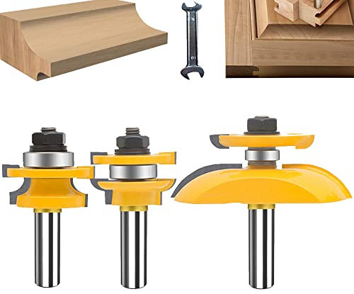 QQXUAN Fräser-Set, 1/2-Zoll-Schaft, 3-teilig, rund, über erhabene Platten, Schranktüren, Karnivoren-Fräser, Holzbearbeitungs-Holzschneider, Nut- und Feder-Hartmetall-Fräswerkzeug (Gold)