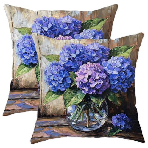 Set di 2 federe per cuscini con ortensie, motivo floreale blu, viola, decorative, quadrate, per casa, divano, letto, 40,6 x 40,6 cm