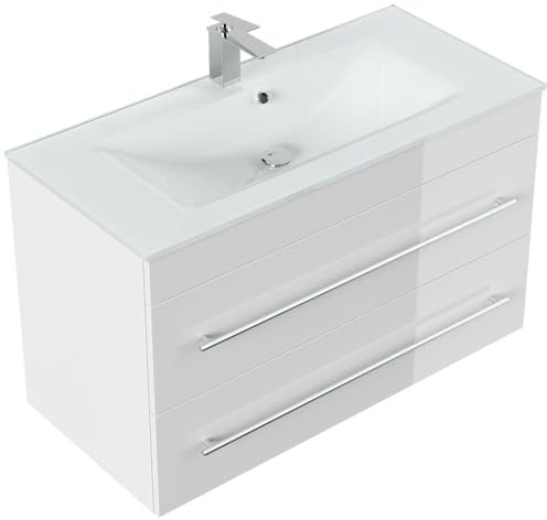 Magnolia Home Badmöbel Vitro 1000 mit Glaswaschbecken SoftClose Farbe Weiss Hochglanz