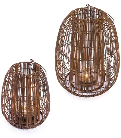 Esotec Rattanleuchtenset Solar Windlicht 2er Set Isabella, Boho 102283 | 2 Solarleuchten, Boho Polyrattan, Bruchglaskugel, 2800K warmweiß, romantische Lichtreflexe, Dämmerungssensor, Akku wechselbar