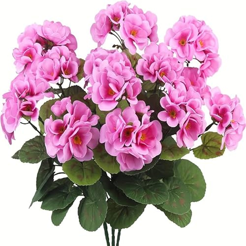 Mounteps Juego de 3 flores artificiales de geranio realistas, plantas falsas duraderas para una impresionante decoración de jardín interior y exterior (rosa morado)