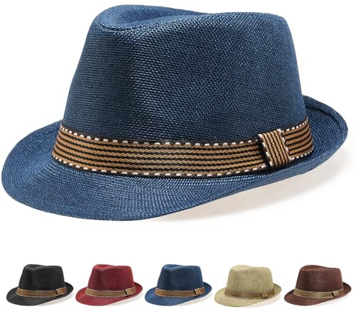 Initlove Chapeaux Fedora pour Hommes Unisexes Classiques à Bord Court en Panama - Chapeaux Trilby, bleu marine, Taille unique