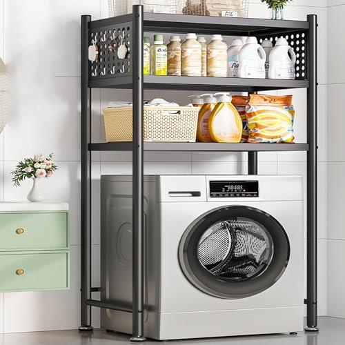Estantería Lavadora Secadora, Soporte Para Secadora Con Estante, Estantería Sobre-Lavadora De Metal Con Polea, Armario Lavadora Y Secadora-Vertical, Tablero Con Agujeros Para Baño, Cocina, Balcón(Blac