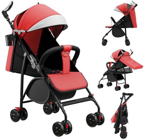 Kompakter Buggy, mit Liegeposition, von Geburt bis 4 Jahre (bis zu 25 kg), Sitzen oder Liegen, verstellbarer Griff, Kinderwagen mit 4 Rädern mit Baumwollmatte + Moskitonetz – 47 x 72 x 97 cm – Rot