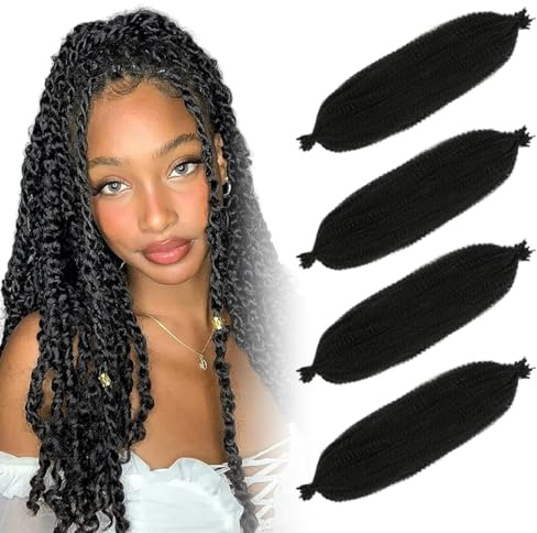4 Pezzis Capelli per Treccine AfricanePre-separate, Afro Kinky Curly Braiding Bulk Hair, Pre-gonfiate, Extension Capelli, Synthetic Hair Cuban Twist Hair