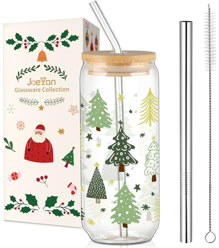 Joeyan 600ml Verres à Boire avec Couvercles et Paille,Vert Sapin de Noël | aesthetic Verre à Eau,Tasse a Cafe Chaud,Gobelet Pour Biere,Matcha Latte,Bubble Tea,Smoothie,Cadeau pour Femmes,Papa et Amies