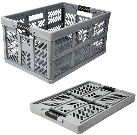 DIVCHI 45L Foldable Crate Plastic Storage Box Basket Collapsible Organizer Bin with Handles Multi-Use Crates for Kitchen Clothes Books & More (Pack Of 1, Grey)