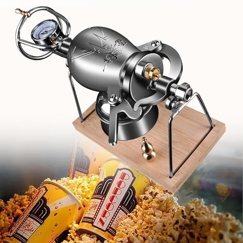 popcorn machine， 304 Stainless Steel Popcorn Maker, Mini Hand Popcorn with Manual Crank with Wooden Board Base, Dual Pressure Valve Popcorn Machine,268ML(268ML)