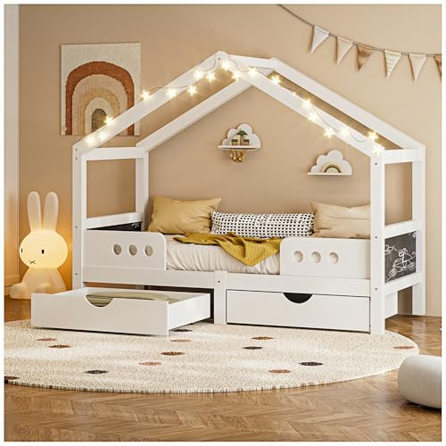 Wyibwy Kinderbett 90×200 cm Himmelbett mit zwei geräumigen Schubladen und einer Tafel Kinderbett mit niedrigem Profil (ohne Matratze)