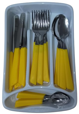 Servizio di Posate completo 24 Pezzi per tavola di 6 persone manico giallo in Acciaio Inossidabile Lavabili in Lavastoviglie Made in Italy in omaggio il Porta Posate da Cassetto
